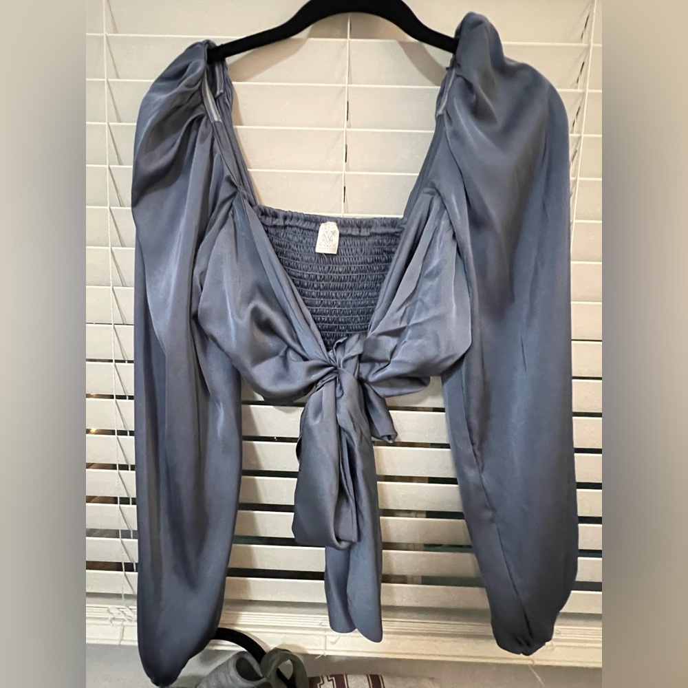 Elegant Blue Satin Tie-Front Blouse